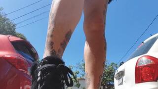 Giantess unaware Towers over you in black jean shorts and high heel high top guess Sneaker boots Stomping on you thinking your a tiny bug