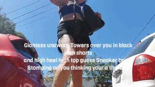 Giantess unaware Towers over you in black jean shorts and high heel high top guess Sneaker boots Stomping on you thinking your a tiny bug mov