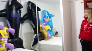 Alla inflates a purple balloon with her mouth and it bursts loudly, unexpected B2P