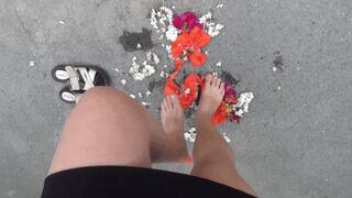 crush and jump on flowers barefoot and wearing flip flops FOC