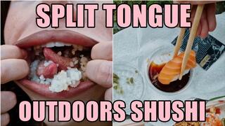 Messy sushi outdoors