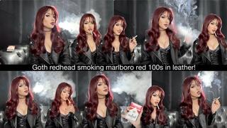 Goth redhead smoking marlboro red 100s in leather!
