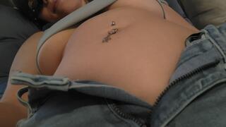 Rub, playing, and lotion my bloated belly button