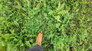 walking in timberlands boots outdoors, crushing flowers, puddles and mud m0