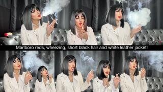 Marlboro reds, wheezing, short black hair and white leather jacket!