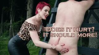 Hard spanking and whipping fat slave in the forest