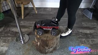 red and black truck crush