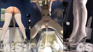 Pee compilation from a Mistress in white stockings and nude tights (MP4 HD Portrait view)