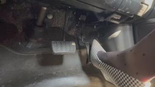 Gas pedal revved to the floor - Stepsister in Black and white dotted high heel pumps in polka dot stockings rev gas pedal of her old Toyota Corolla to the floor (no mercy)