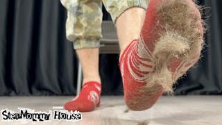 Big Rough Smelly Feet in Hair after haircut - Stinky Red Socks, Foot Slave Training, Wrinkled Calloused Soles, Male Domination