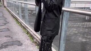Smoking fetish walk with pvc pleaser boots and leather