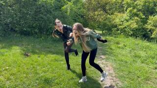 Chloe pranks Nastya with one boot while walking (custom video)