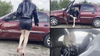 Anastasia cranking her Lanos in pink pumps and leather outfit