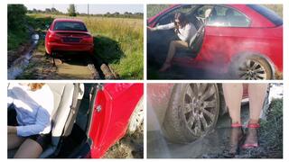 HOT PREMIERE: Sexy real estate got her luxury BMW cabrio stucked hard in deep mud
