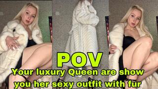Luxury girl in hot outfit and fur coat worship