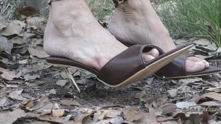 Shoeplay and Dirty Wrinkled Soles on Bench in Forest