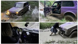 SEXY PREMIERE: SEXY GIRL STUCK HARD IN DEEP MUD DRIVING LADA NIVA