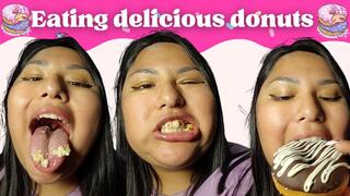 Chewing and eating delicious donuts