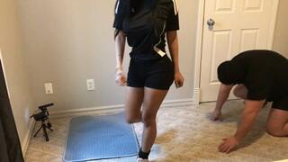 Soccer girl kicks balls in shoes