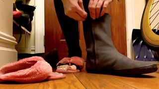 white polished milf gets home, removes boot, slips into fuzzy sflip flops, foot fetish