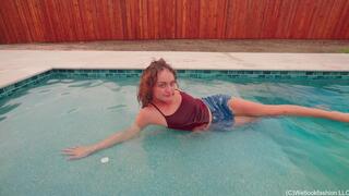 Tiffany Taking a Dip in the Pool in Jean Shorts and Top
