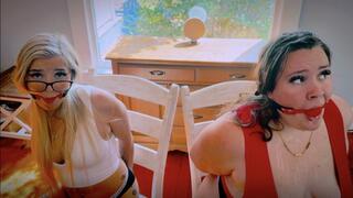 No Way Out For Two Roommates Bound & Gagged By Home Intruder (4K) - Celia Ray & Phoenix Sinz - two girl, tape bondage, bra, panties, barefoot, chair tied, ballgagged, drooling