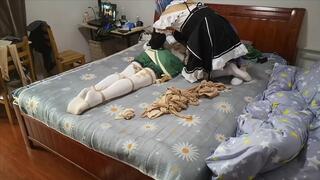 Cosplayer Venti bondaged and encased by Rem with pantyhose