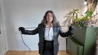 custom video she will dominate on you in her sexy real leather jacket and skirt