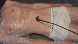 Maskedgymsub wrapped up navel play and flogging