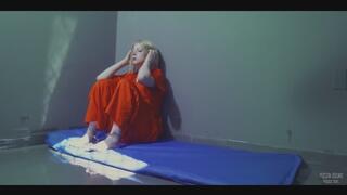 Kora's First Night In Solitary Confinement : A Barefoot Inmate Locked Up in Prison Cell In an Orange Jail Uniform