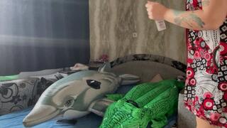 girl riding on inflatable and b2p condoms