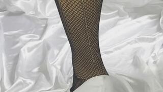 4K - White Stilettos & Gold Seamed Fishnets