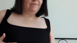 Wife Playing with my pink rabbit vibrator in black dress