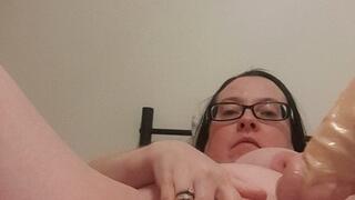 Wife with shaven pussy taking 12 inch Dildo