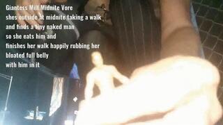 Giantess Milf Midnite Vore shes outside at midnite taking a walk and finds a tiny naked man so she eats him and finishes her walk happily rubbing her bloated full belly with him in it mkv