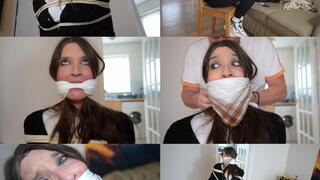 Claire chair tied and multi handkerchief gagged in her wool cardigan (wmv)