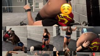 Mixed wrestling face sitting ball busting and trampling