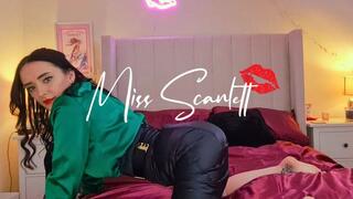 Scarlett's emerald satin blouse and pencil skirt tease