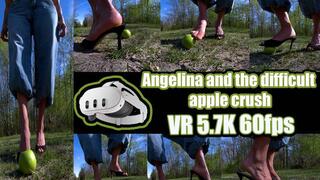 VR 5,7K 3D Virtual Reality - Angelina and the hard apple that's almost impossible to crush She tries barefoot, with her sandals, and her weight, but the apple remains steadfast until the end