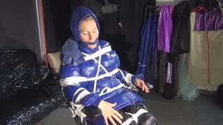 Sandra bound and gagged in shiny nylon downwear