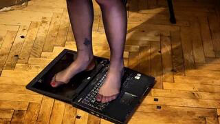 Nastya in an office suit, and then naked - sits on a cake with her butt and accidentally stains the laptop, then realizes that it is broken and starts stomping on it in heels, smearing it even more