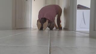 Floor Cleaning in Fishnets and High Heels with Ankle Cuffs