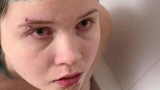 Rough face fucked slut pukes in the shower on cock