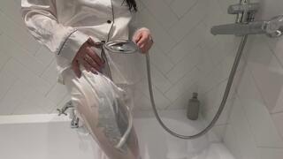 Kacie James Takes A Fully Clothed Shower in Her Sexy Silky Pyjamas