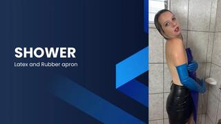 shower in latex and rubber apron