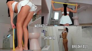 Workout for abs, chest, back, arms, strip, shower naked, breakfast