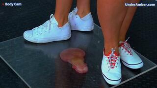 Flattening Your Cock & Balls Under Our White Pumps & Plexiglass - 182 Cock Cam - Goddess Amber - Miss Lucy - Trample Trampling CBT Ballbusting Crushing Crush Trainers Fetish