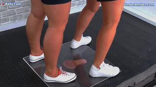Flattening Your Cock & Balls Under Our White Pumps & Plexiglass - 182 Balls Cam - Goddess Amber - Miss Lucy - Trample Trampling CBT Ballbusting Crushing Crush Trainers Fetish