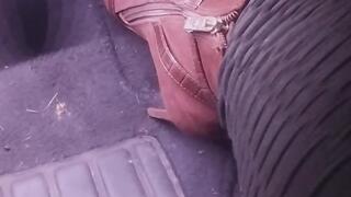 Steamy revving in brown stiletto boots