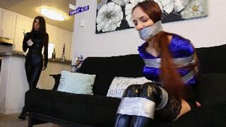 Remastered and Upscaled at 1080 and 60 FPS! Catburglar Elsa del Rey has your girlfriend humiliated in bondage and wraparound tape gagged until you give her a taste of her own medicine with a full mummification